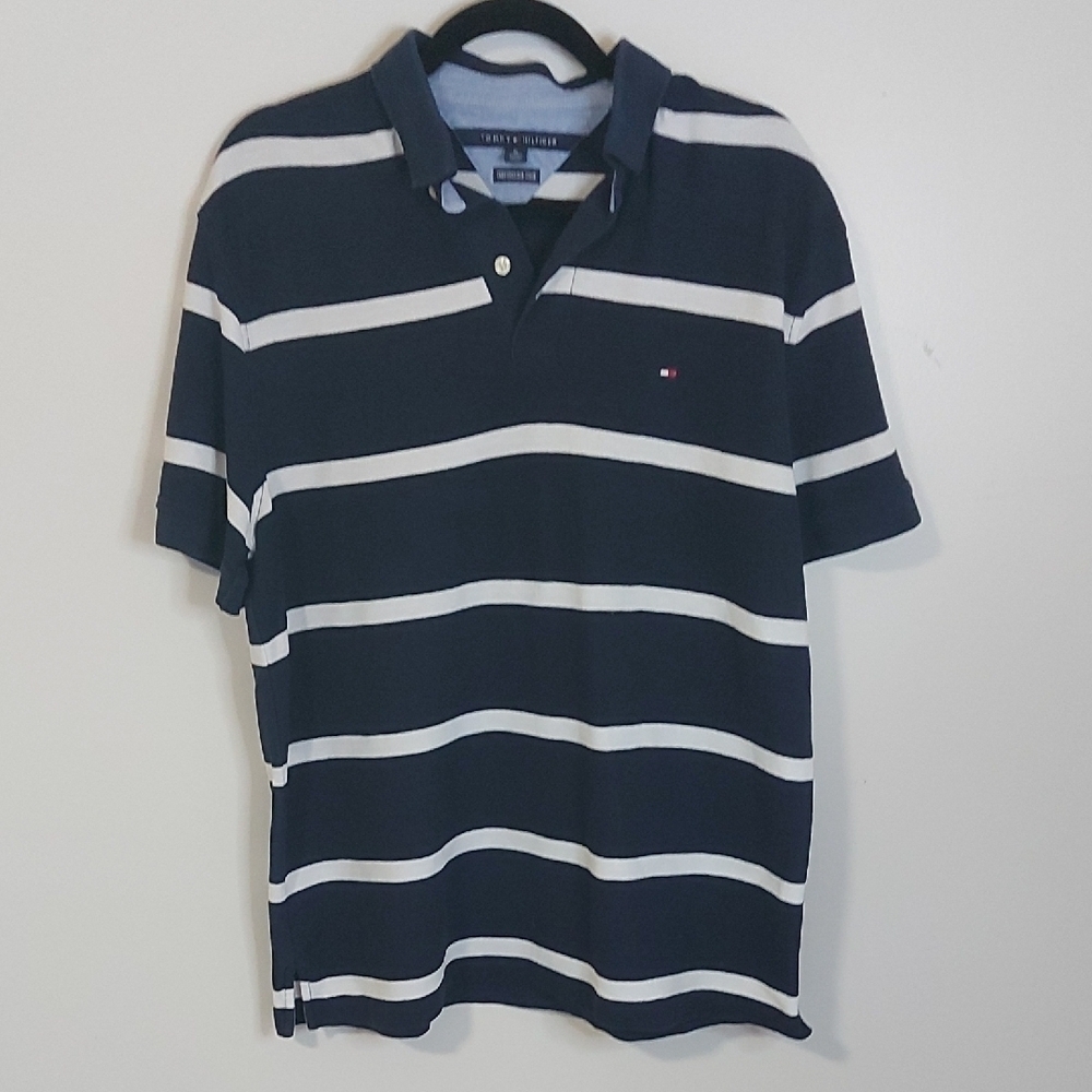 Tommy Hilfiger Blue and White Striped Polo Shirt XL